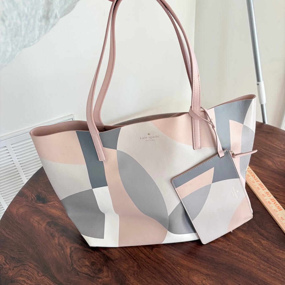 Kate Spade Arch Place Mya Cow Leather Tote Bag Women Pink Grey Large Pouch